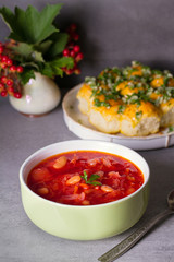 Soup made with vegetables, meat, bean and beet root: borsht, bortsch, borshch, borscht. Traditional dish in Ukraine, Russia, Poland