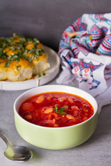 Soup made with vegetables, meat, bean and beet root: borsht, bortsch, borshch, borscht. Traditional dish in Ukraine, Russia, Poland