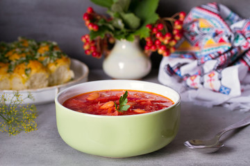 Soup made with vegetables, meat, bean and beet root: borsht, bortsch, borshch, borscht. Traditional dish in Ukraine, Russia, Poland