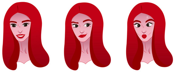 Cartoon stickers for social networks or a website. set of vector illustrations of girl's emotions. Stock illustration isolated on white background. Emotions such as smiling, grinning and playfulness.