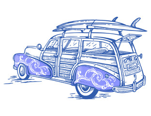Colorful vector illustration of vintage surfer car with surfboards on the roof.
