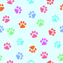 Fototapeta na wymiar Vector, seamless pattern. Abstraction, multi-colored traces of paws of a cat, a dog on a light blue background. For prints, packaging, social media, web.