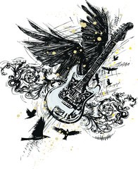 Vector illustration of guitar with wings, birds and ornaments in scribbled sketch style.