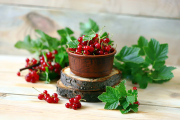 Red currants in a bowl on a wooden background. Red currant leaves. Summer berries. Currant harvest.