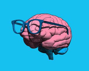 Engraving brain with eyeglasses illustration on blue BG