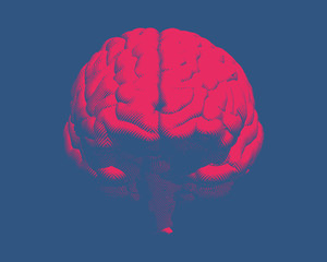 Red retro brain illustration isolated on blue BG
