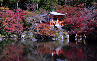 Naklejka premium Beautiful traditional japan pagoda and bridge over the pool in the garden. Autumn in Japan.