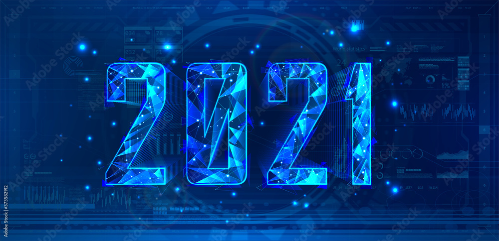 Poster Modern poster 2021 with numbers polygonal and HUD interface elements. Tech new year concept. Technology background 2021 with digital visualization. Hi-tech concept banner. Vector illustration