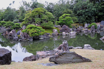 Beautiful traditional japanese stone garden panorama. Autumn background.