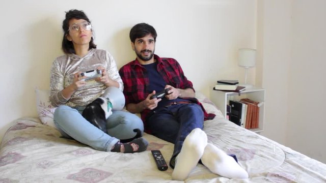 Young millenial couple playing video games in bed with cats man wins and celebrates
