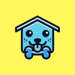 Cartoon Flat Blue Dog House Logo Illustration