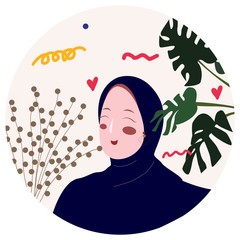 Muslim woman smile with ornament plant leaf flower in circle shape flat cartoon style.