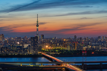 Aerial view Tokyo cityscape skyline with colorful twilight sky