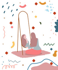Muslim woman sit on floor look in mirror apply makeup use lipstick cheerful atmosphere falling ribbon background with flat cartoon style.