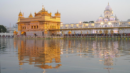 medium view of the famous golden temple at sunset in amritsar