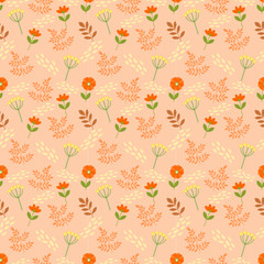 Seamless pattern with flowers and leaves. Autumn theme. Fall colour. Flat design. Botanical illustration.