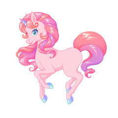 Obraz na płótnie Canvas Beautiful unicorn with pink curly mane. Vector illustration.