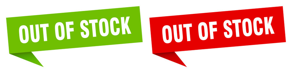 out of stock banner sign. out of stock speech bubble label set
