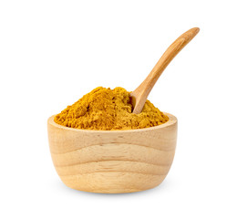 Dry turmeric powder or curcuma longa linn in spoon and wooden bowl isolated on white background.