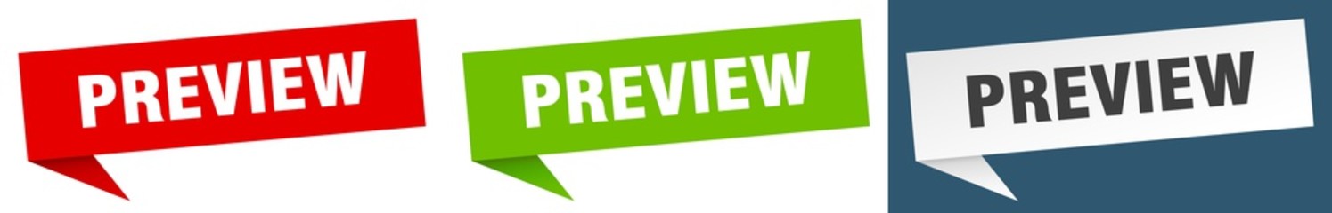 preview banner sign. preview speech bubble label set