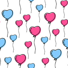 Fototapeta na wymiar Happy Valentine’s Day seamless pattern with heart shape blue and pink balloons. Hand drawn doodle style decoration. Love symbol. Baby shower design. For fabric, textile, wallpaper. Vector illustration
