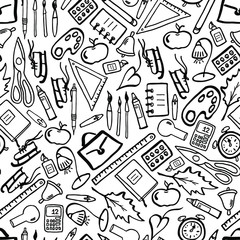 Back to school seamless pattern with classroom supplies. Hand drawn sketchy doodles with icons, pictograms. Schoolbag, ruler, pen, pencil, bulb, apple, bell, skates, lamp, scissors. Vector illustratio