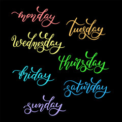 Lettering days of the week - Monday, Tuesday, Wednesday, Thursday, Friday, Saturday, Sunday. Handwritten words for calendar, weekly plan, organizer.