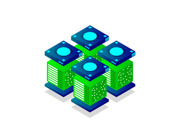 Concept of big data processing  energy station of future  server room rack  data center isometric vector illustration