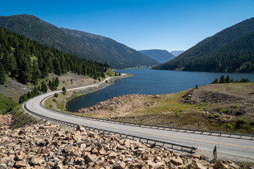 Earthquake Lake in Montana, summer scene with the highway in view