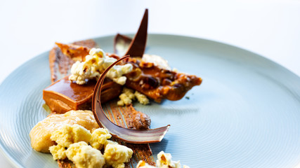 Caramel cake plated dessert for restaurant