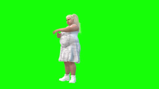4k 3d animation of a blond overweight avatar girl perform various exercise moves to reduce weight and become healthy.
