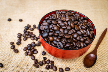 Coffee beans in a cup of coffee