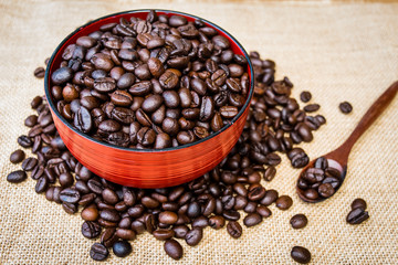 Coffee beans in a cup of coffee