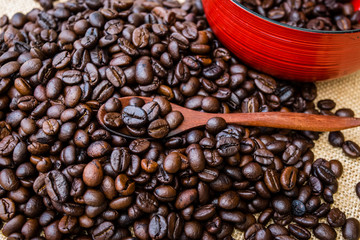 Coffee beans in a cup of coffee