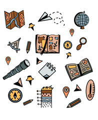 Set of doodles with geographical elements, a globe, a map, a telescope. School geography lesson. Vector illustration with colorful icons.