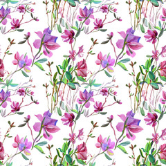 Fototapeta na wymiar Seamless pattern watercolor illustration green leaves and pink flowers lilac on white. Art creative background spring time for florist, textile, card, wallpaper, wrapping