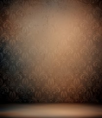 Brown dark damask wallpaper in old room 3d background. Vintage murky distressed texture. 