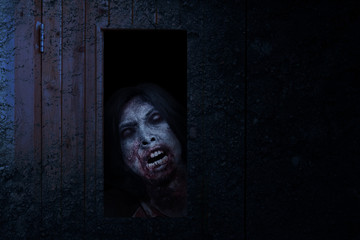 Scary zombie standing behind the door