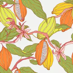 Poster Plant seamless pattern, hand drawn line art cocoa tree on bright grey © momosama