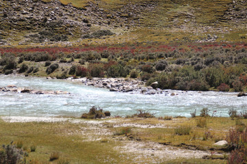 View of mountains and stream of melting snow in Tibet, China