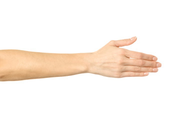 Giving hand for handshake. Woman hand gesturing isolated on white