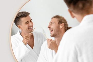 Happy gay couple brushing teeth in bathroom