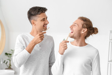 Happy gay couple brushing teeth in bathroom