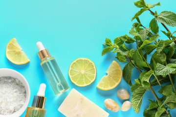 Spa composition with mint on color background