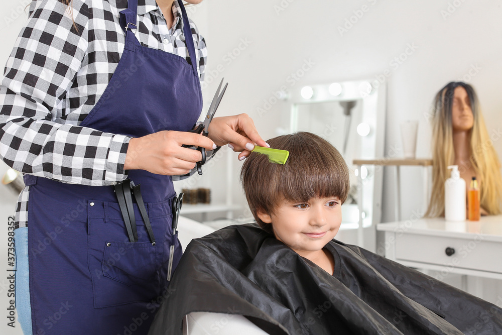 Poster Female hairdresser working with little boy in salon