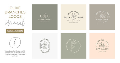 Fototapeta na wymiar Set of Olive branch with leaves logo design template in simple minimal linear style. Abstract Feminine Vector Signs with Floral Illustration for Beauty Studio, SPA, Organic cosmetics, studio