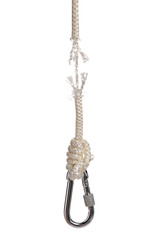 Frayed rope with lobster clasp on white background