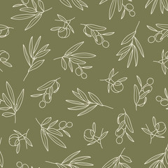 Fototapeta premium Olive Branch with Leaves and Fruit Seamless Pattern in a Trendy Minimal Style. Outline of a Botanical Background. Floral Green Vector Ornament for printing on fabric, invitation, wrapping, wallpaper