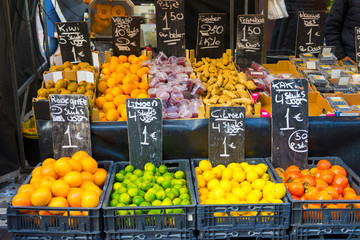 Many kind of fruits on sell in Albert Cuyp Market in Amsterdam, Netherlands