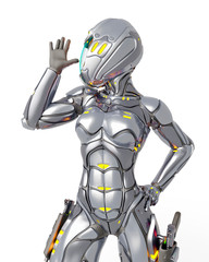 Fototapeta premium astronaut girl on sci-fi suitis mocking you up